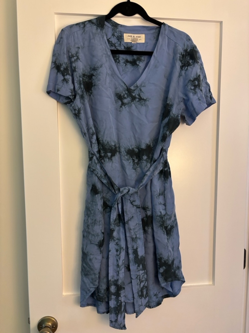 Anthropologie Blue Tie-Dye V-Neck Mini Dress with Black Pattern